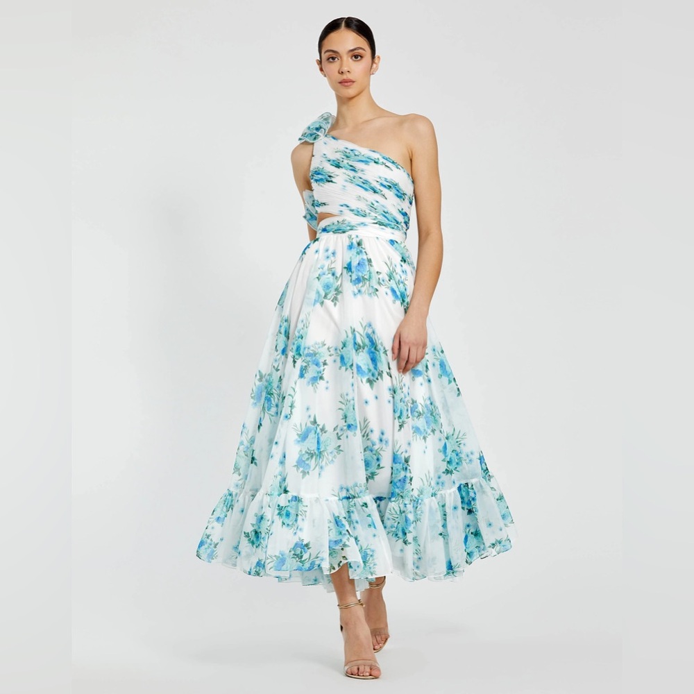 MAC DUGGAL One Shoulder Ruffle Cut-Out Chiffon Midi Dress